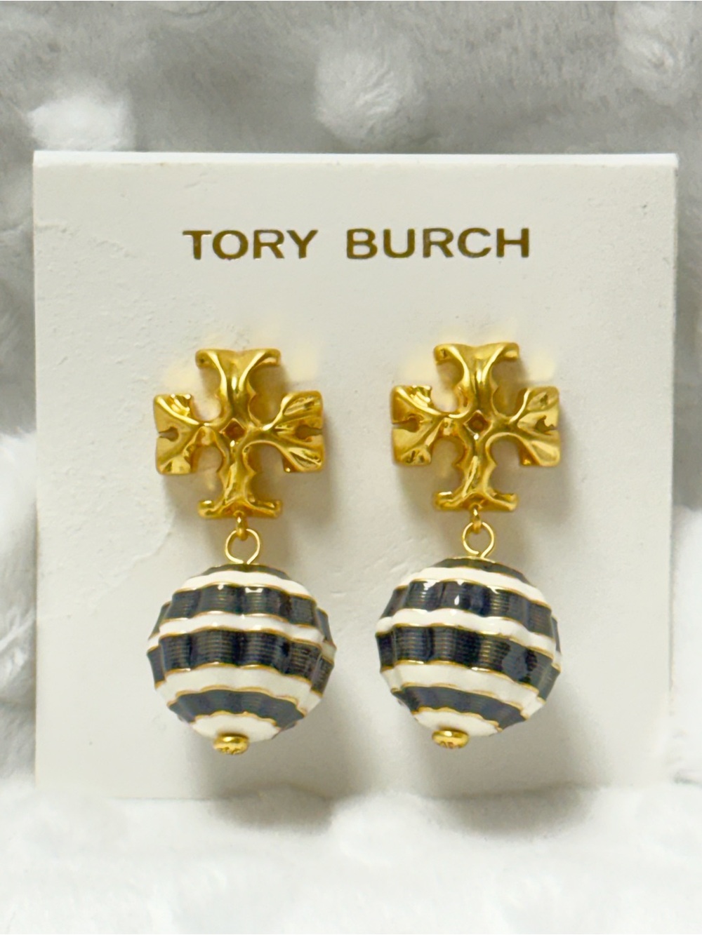 Tory Burch Gold with Black & White Striped Drop Earrings TB Logo Stamped